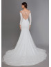 Long Sleeve Beaded Ivory Lace Satin Sheer Back Wedding Dress